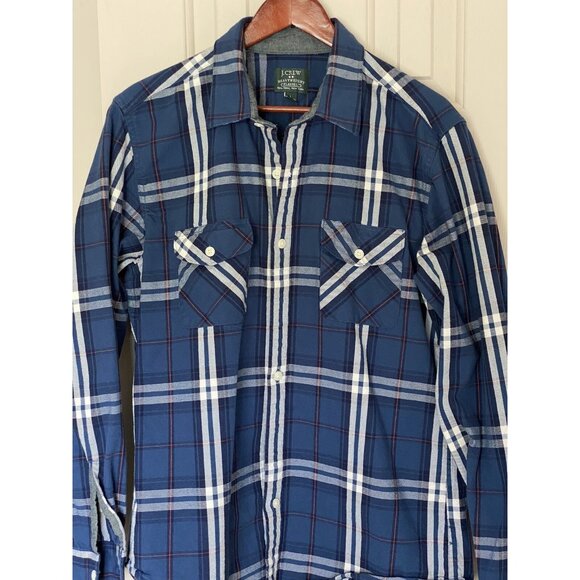 J Crew Men's L Button Up Blue Plaid Striped Shirt Long Sleeve Heavyweight - Picture 8 of 9